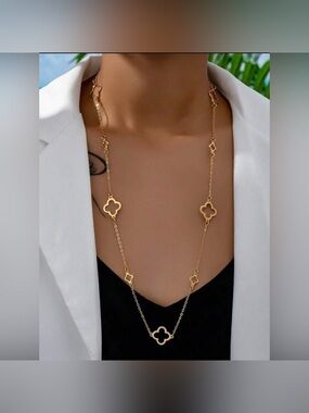 Gold Clover Long Chain Necklace | Elegant Statement Jewelry